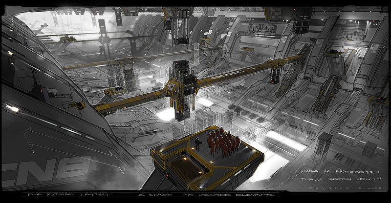Illustration for article titled Breathtaking Concept Art of Elysium's Spaceship Hangar and Robot Deck